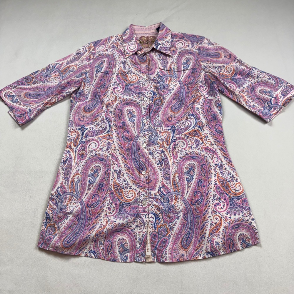 Robert Graham Womens Pink Paisley Cotton 3/4 Sleeve Button Down Shirt Small‎